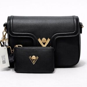Black Leather Shoulder Bag with Additional Wallet/Pouch - Gold Hardware